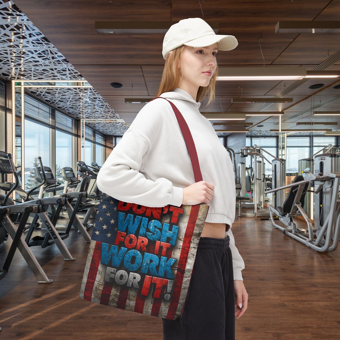 Motivational Tote Bag | American Flag Design | Don't Wish For It, Work For It | Gym, Grocery, Travel, Gifts, Everyday Carry
