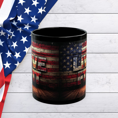 Patriotic Coffee Mug - LIVE FIT Black Ceramic Mug - USA Flag Backdrop Design - Gift for Fitness Enthusiasts - Independence Day - Home Office Decor - 11oz - 15oz -