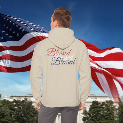 Blessed Hoodie – Patriotic Red, White & Blue Unisex Pullover Sweatshirt with Front & Back Print – Cozy, Positive Vibes Gift