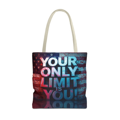 Motivational Tote Bag, Your Only Limit is You!, Inspirational Gift, USA Flag Design, Eco-Friendly Everyday Tote