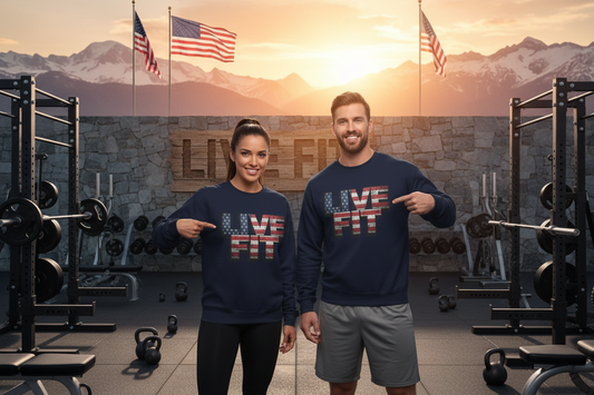 Patriotic Fitness Sweatshirt - American Flag LIVE FIT Design - Red White Blue Crewneck - Unisex S-3XL