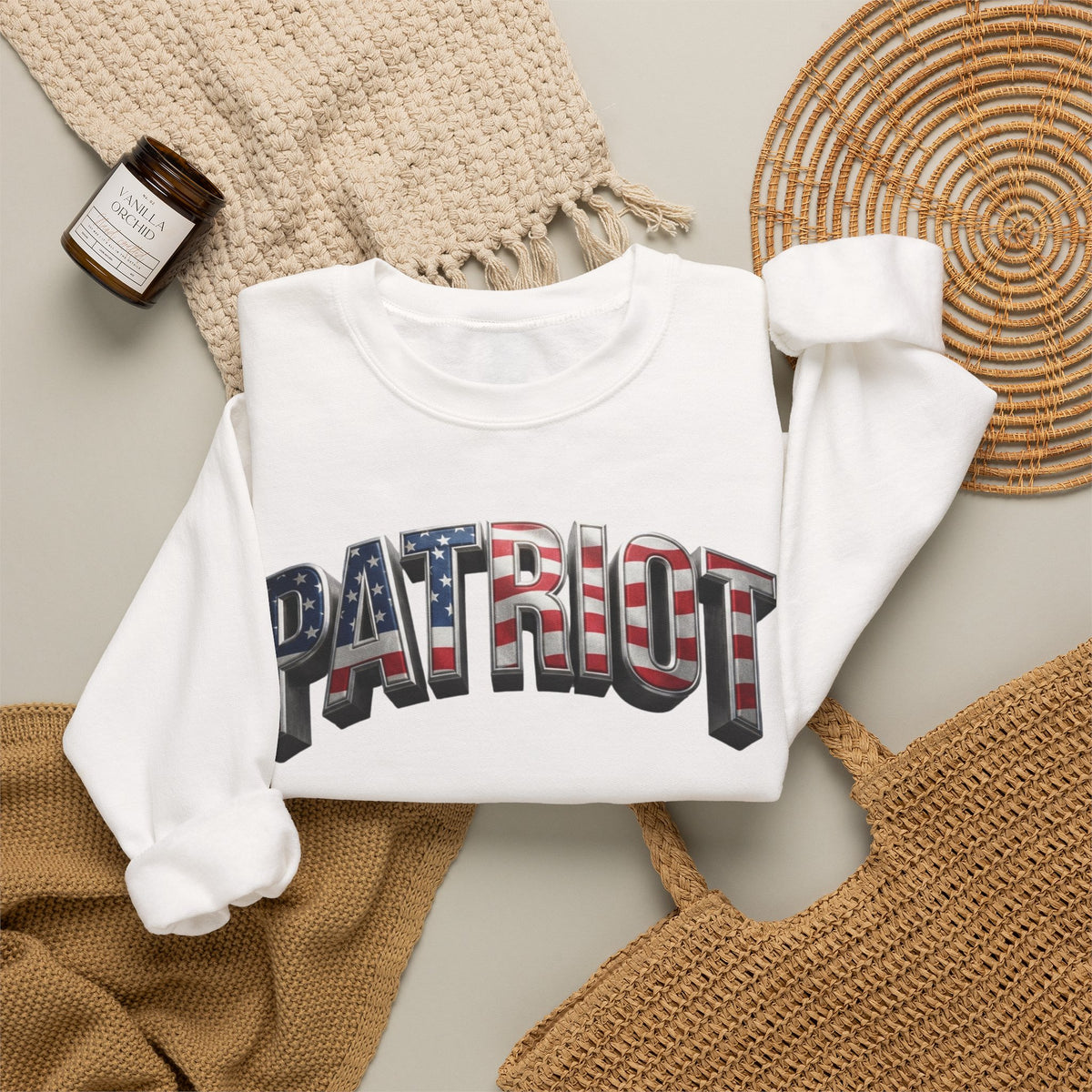 Patriot Crewneck Sweatshirt — American Flag Text Graphic