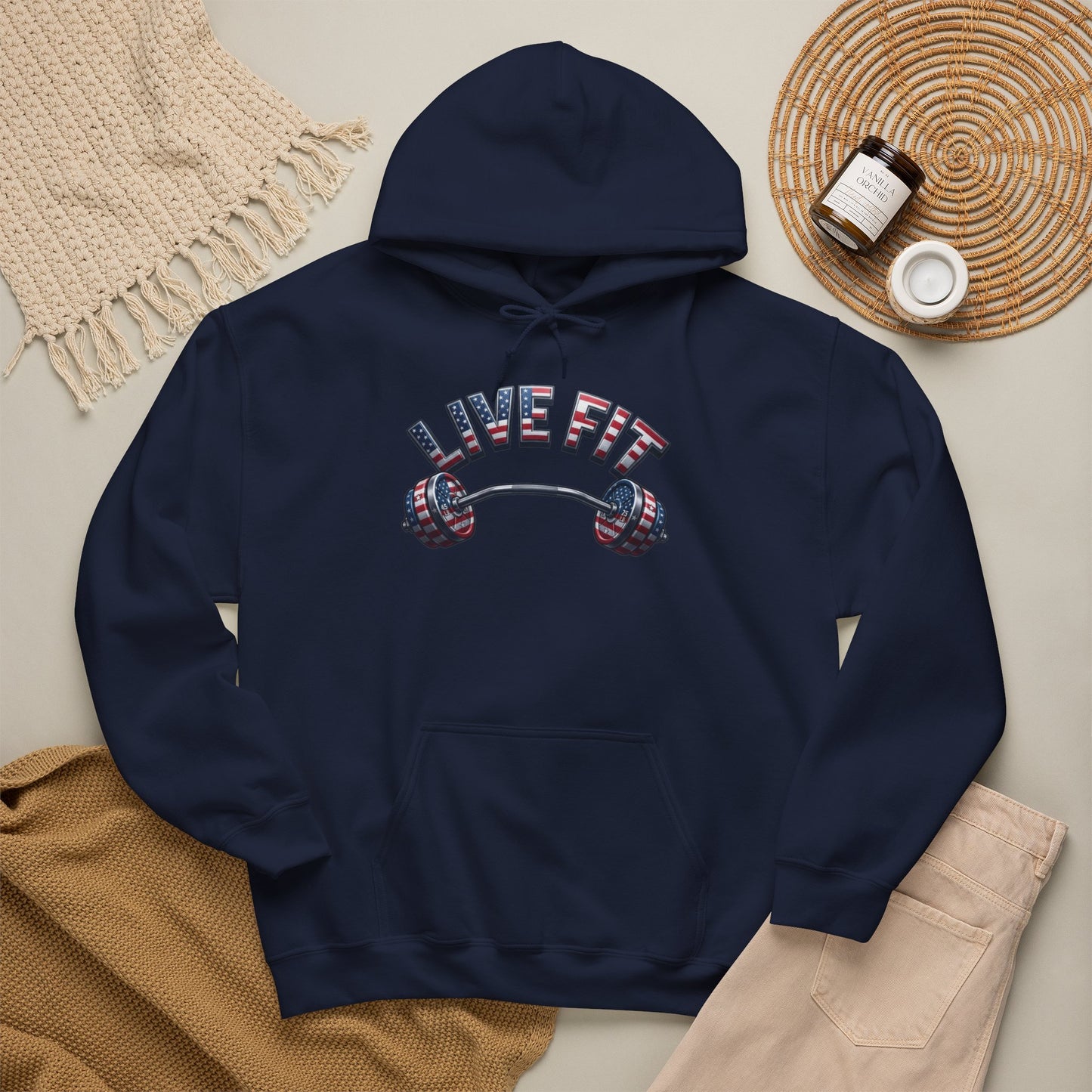 LIVE FIT American Flag Barbell Hoodie | Patriotic Gym Sweatshirt – LIVE FIT