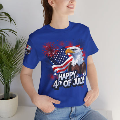Happy 4th of July,  Print Design, Unisex T-Shirt, Patriotic Print Design, Independence Day Shirt, Red White Blue Shirt, USA Tee Gift, Gift For Her, Gift For Him, American Flag, Bald Eagle