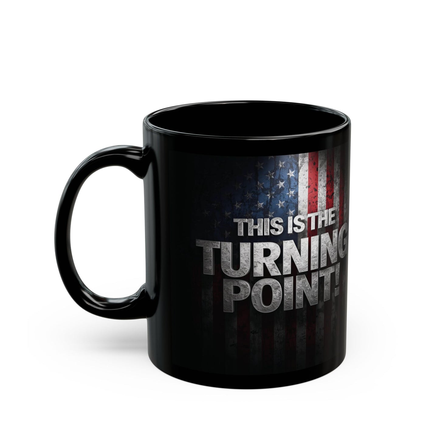 Charlie Kirk - This Is The Turning Point! - American Flag Backdrop - Sleek Black Ceramic Mug - 11oz - 15oz