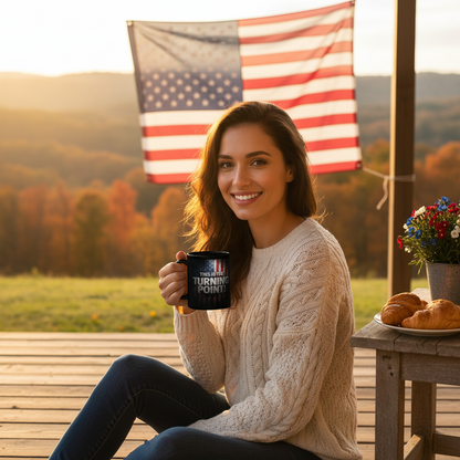 Charlie Kirk - This Is The Turning Point! - American Flag Backdrop - Sleek Black Ceramic Mug - 11oz - 15oz