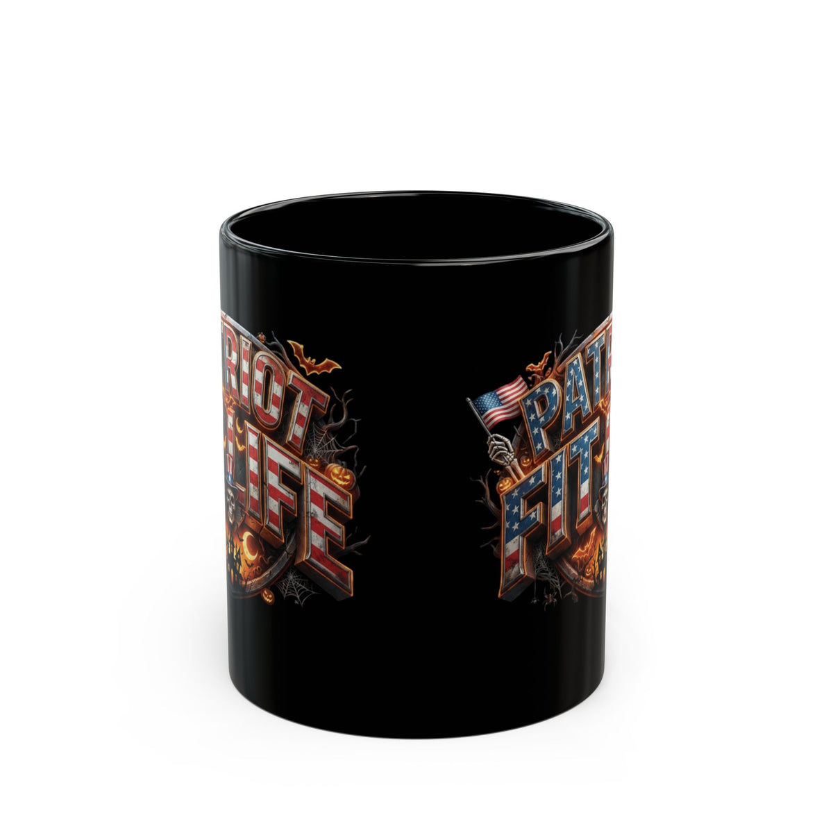Patriot Fit Life Halloween Coffee Mug - Skull Crest Haunted Flag Graphic | Gothic Edition | 11oz & 15oz