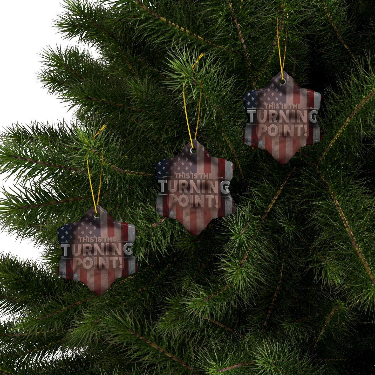 Patriotic Ceramic Ornaments - Charlie Kirk Inspired - This Is The Turning Point! - American Flag Backdrop