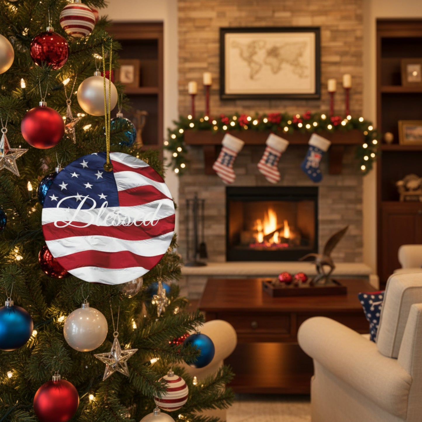 Ceramic Ornaments - White Blessed Print - American Flag Backdrop - Red White & Blue Design (1-10pcs)