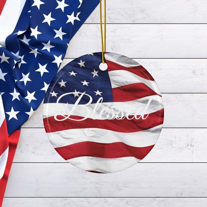 Ceramic Ornaments - White Blessed Print - American Flag Backdrop - Red White & Blue Design (1-10pcs)