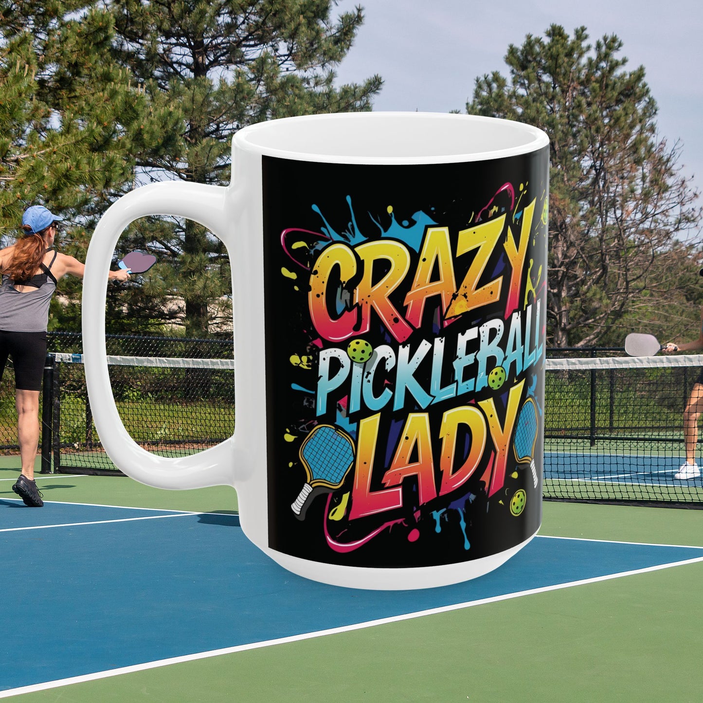 Colorful Crazy Pickleball Lady Mug, 11oz & 15oz, Fun Sports Gift for Pickleball Enthusiasts, Unique Ceramic Coffee Cup, Perfect for Birthdays