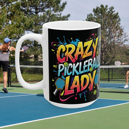 Colorful Crazy Pickleball Lady Mug, 11oz & 15oz, Fun Sports Gift for Pickleball Enthusiasts, Unique Ceramic Coffee Cup, Perfect for Birthdays