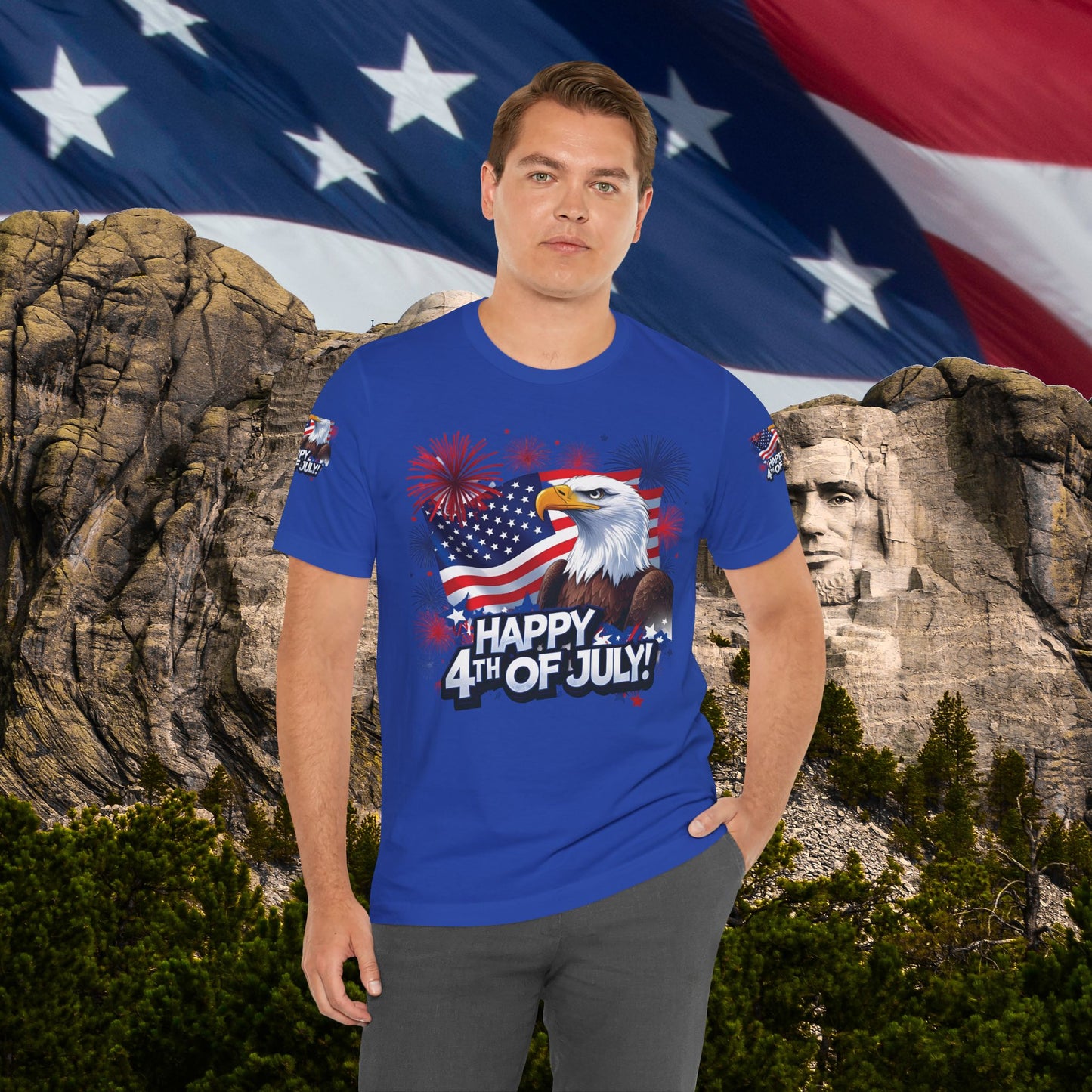 Happy 4th of July,  Print Design, Unisex T-Shirt, Patriotic Print Design, Independence Day Shirt, Red White Blue Shirt, USA Tee Gift, Gift For Her, Gift For Him, American Flag, Bald Eagle