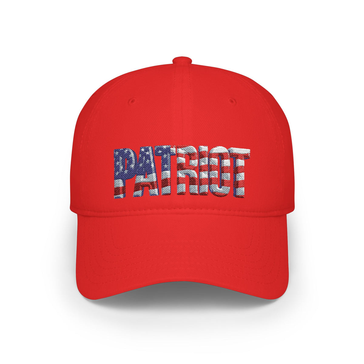 A red baseball cap featuring the word 'PATRIOT' embroidered across the front in an American flag pattern with white stars and white stripes, set against a plain white background.