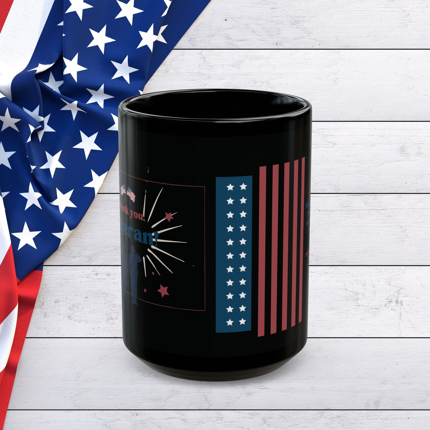 Veteran Appreciation Black Mug — "We appreciate your valiant service to the country" Patriotic Flag Coffee Cup (11oz/15oz)