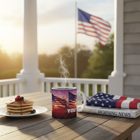 Veteran Appreciation Ceramic Mug — American Flag Sunset - Thank You Veterans - Coffee Cup (11oz/15oz) - Red White & Blue