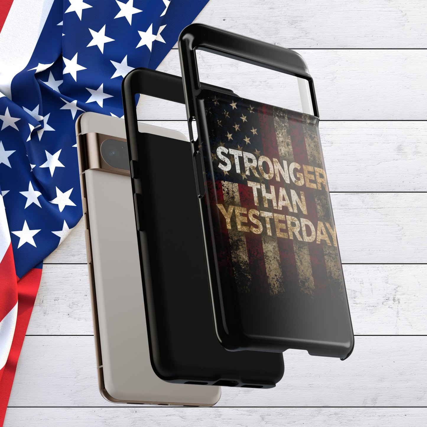 Patriotic Phone Case - Stronger Than Yesterday Print - Against a Vintage American Flag Background - Gift for Veterans, Motivational Quote, USA Pride, Independence Day