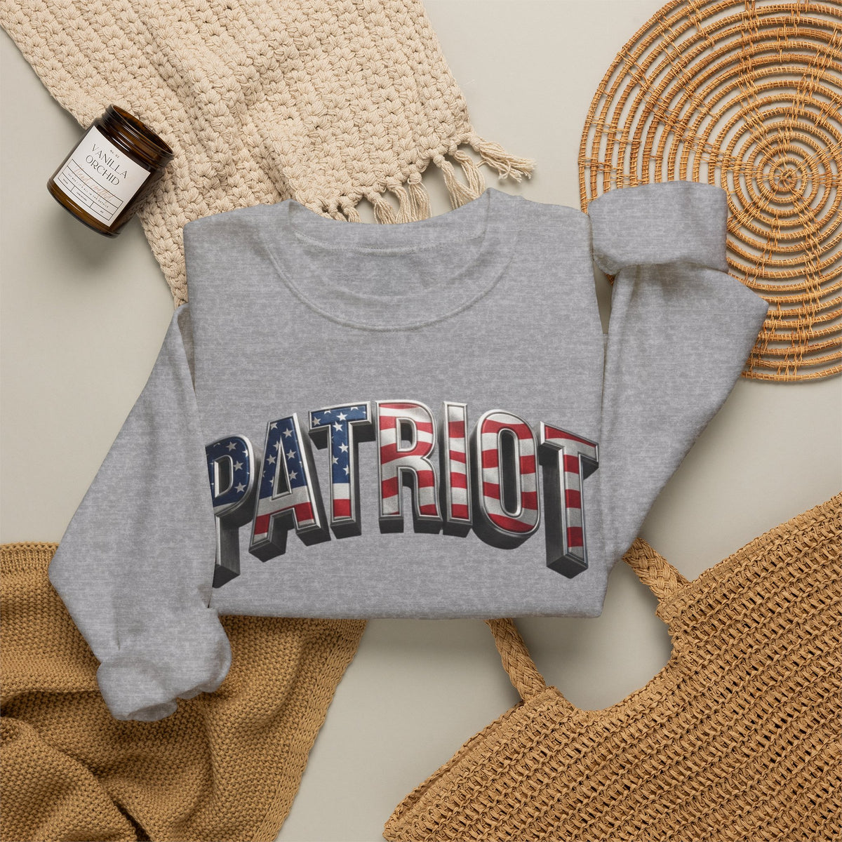 Patriot Crewneck Sweatshirt — American Flag Text Graphic