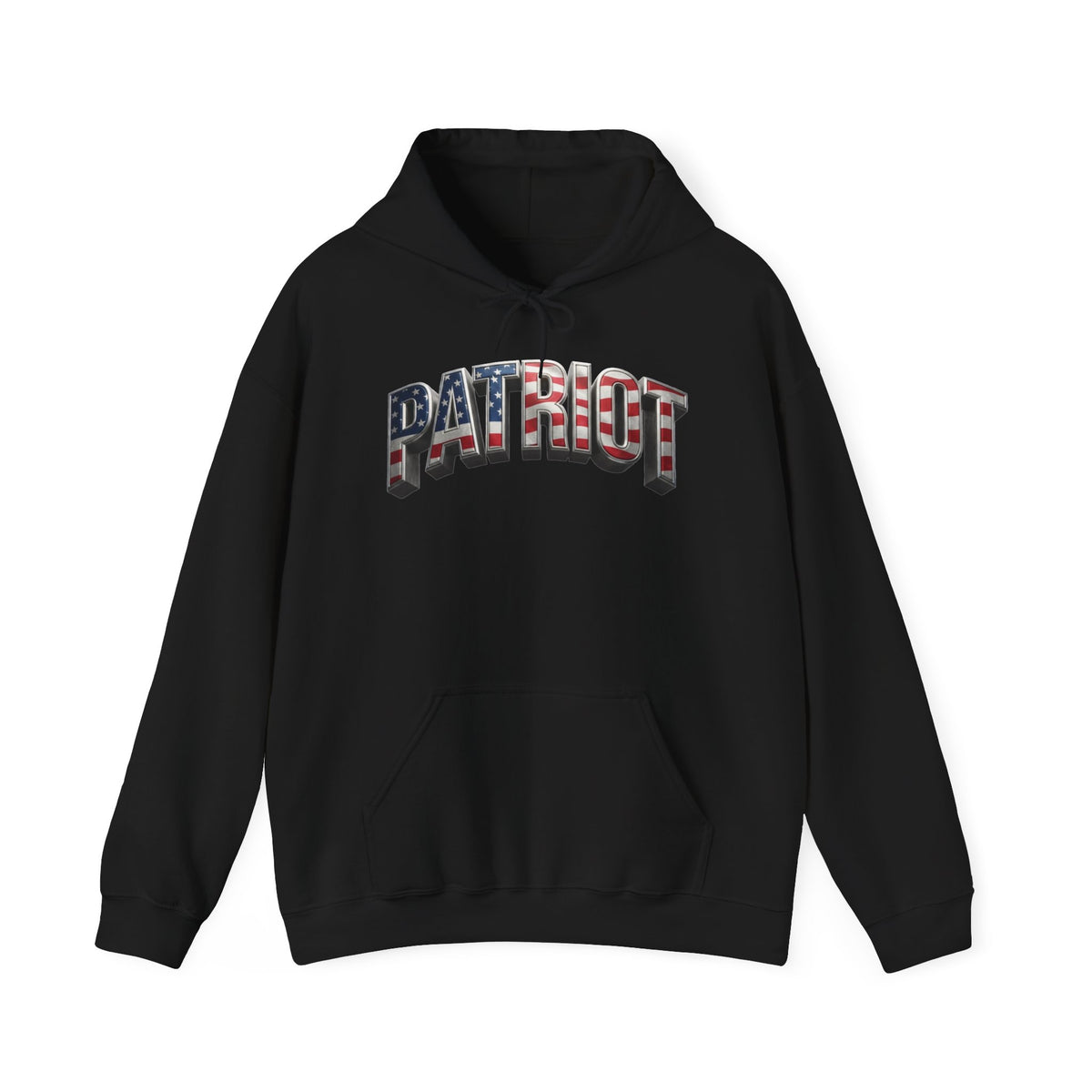 Black hoodie with PATRIOT text design against a white background.