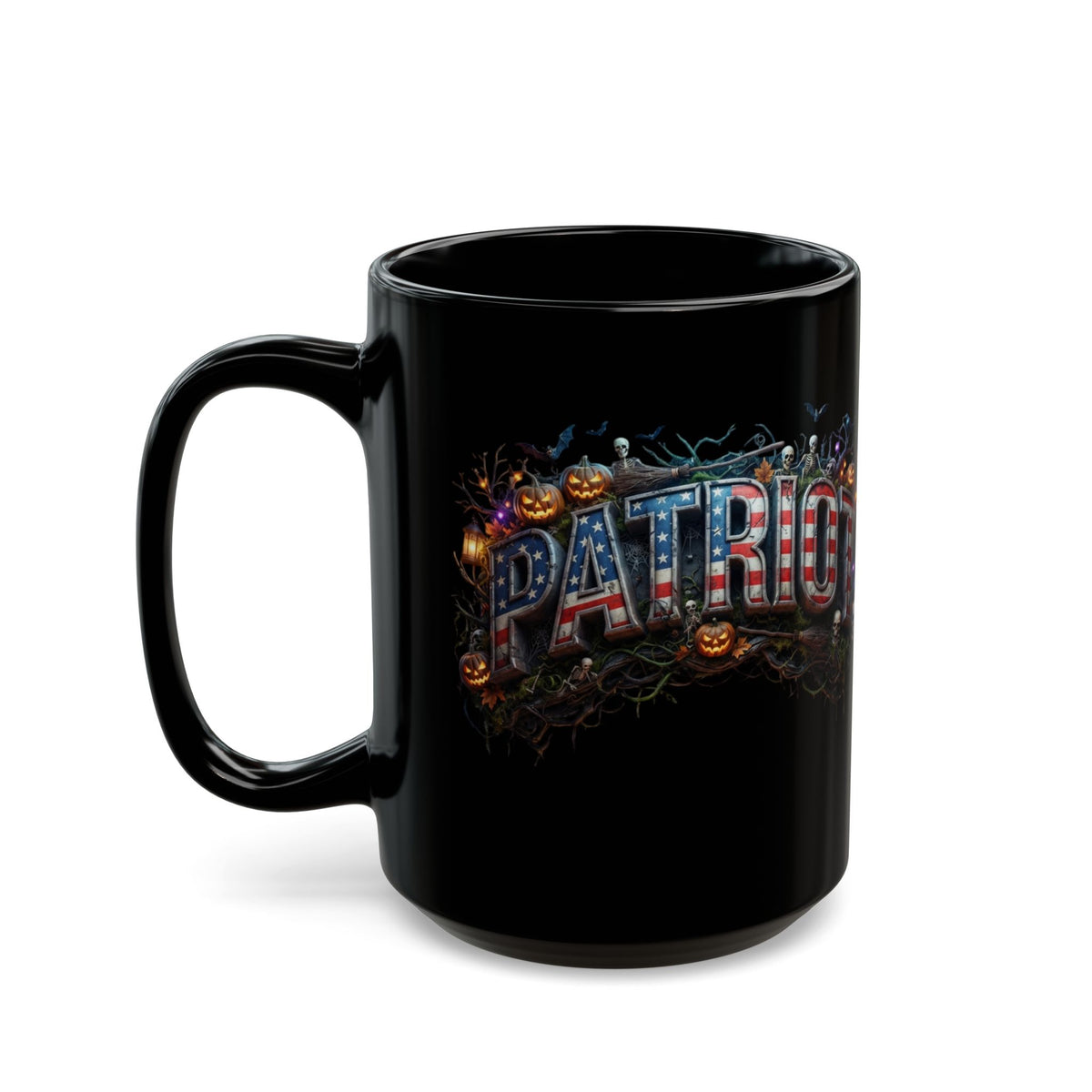 Patriot Halloween Black Coffee Mug - Skeleton Pumpkin Panoramic Flag Graphic | Spooky Edition | 11oz & 15oz