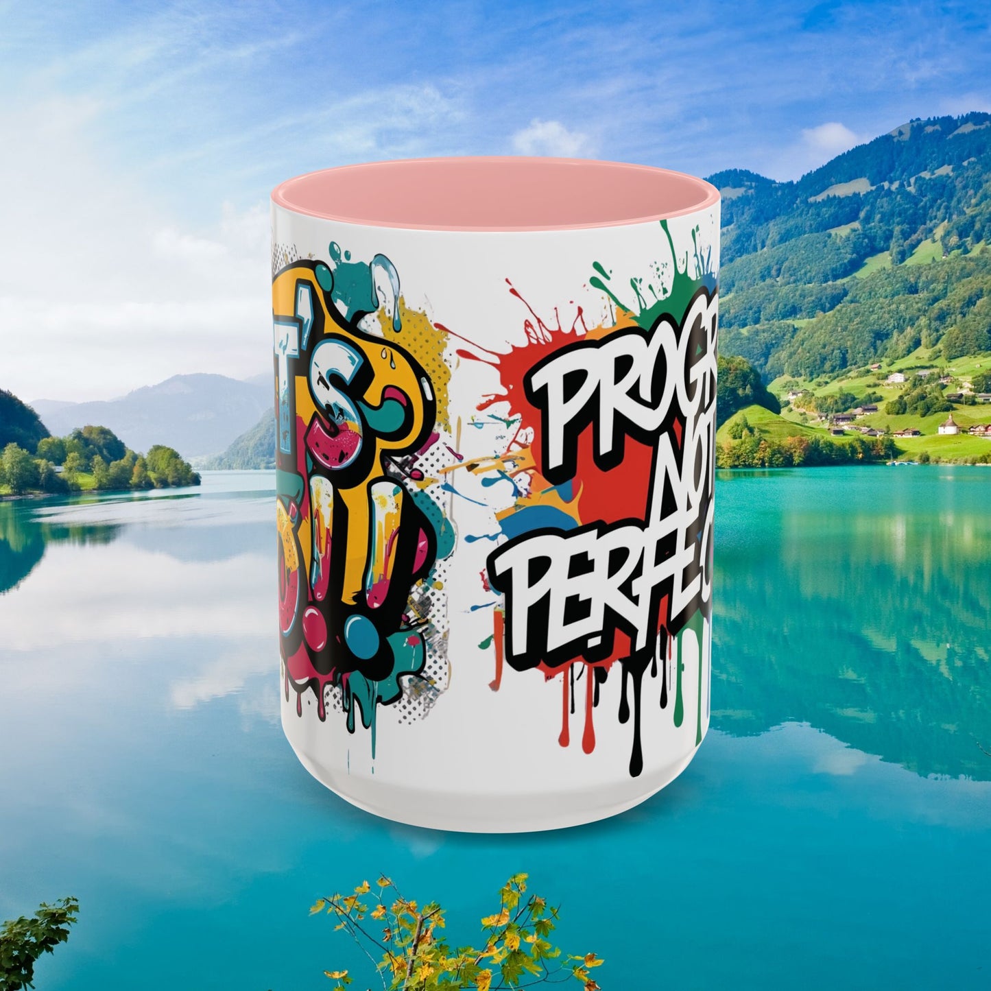 Vibrant   Ceramic  Mug    Inspirational      Let's Go!     Graffiti  Mug      Coffee Mug        Progress  Not  Perfection   Sizes   11oz  &  15oz    Birthday Gift   Graduation Gift    8  Different  Color Options