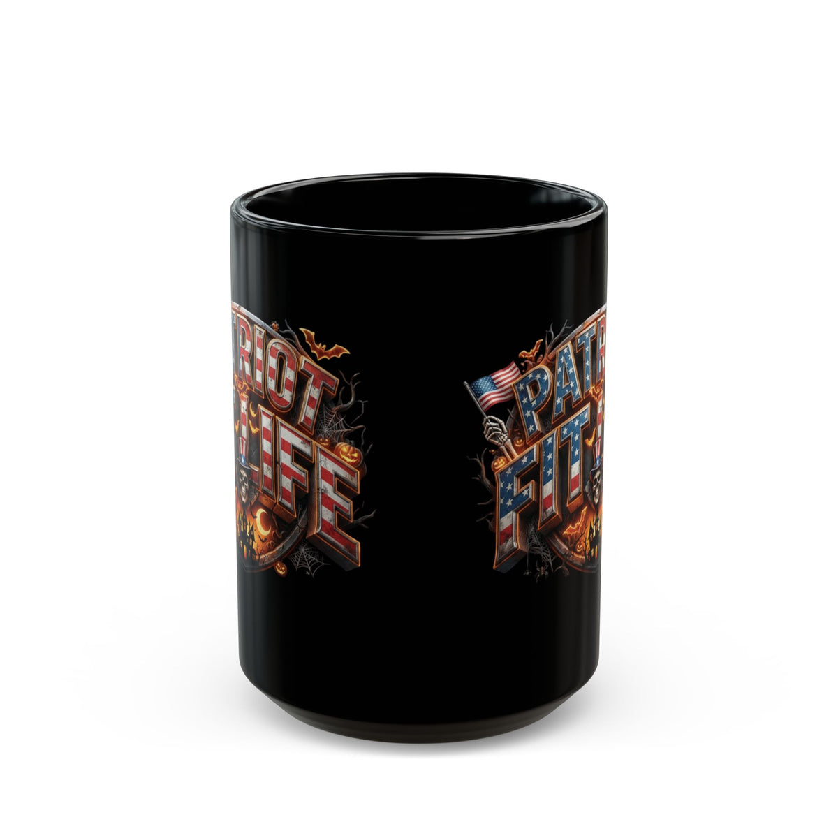 Patriot Fit Life Halloween Coffee Mug - Skull Crest Haunted Flag Graphic | Gothic Edition | 11oz & 15oz