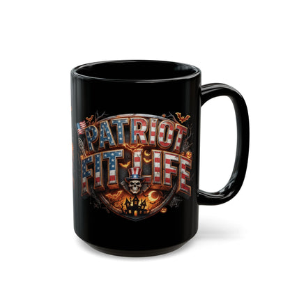 Patriot Fit Life Halloween Black Coffee Mug - Skull Crest Haunted Flag Graphic | 11oz & 15oz