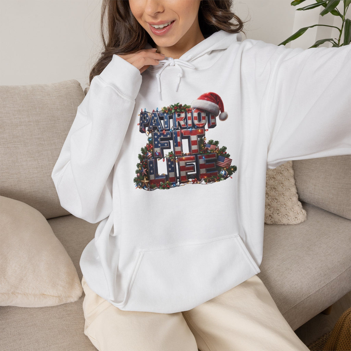 Patriot Fit Life Christmas Hoodie - Three-Line Flag & Garland Design | Unisex S-5XL