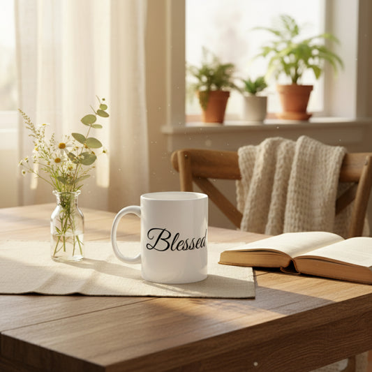 Blessed Black Print White Ceramic Mug | Inspirational Coffee Cup | Gift for Friends, Family | Home Decor, Kitchenware, Motivational Drinkware