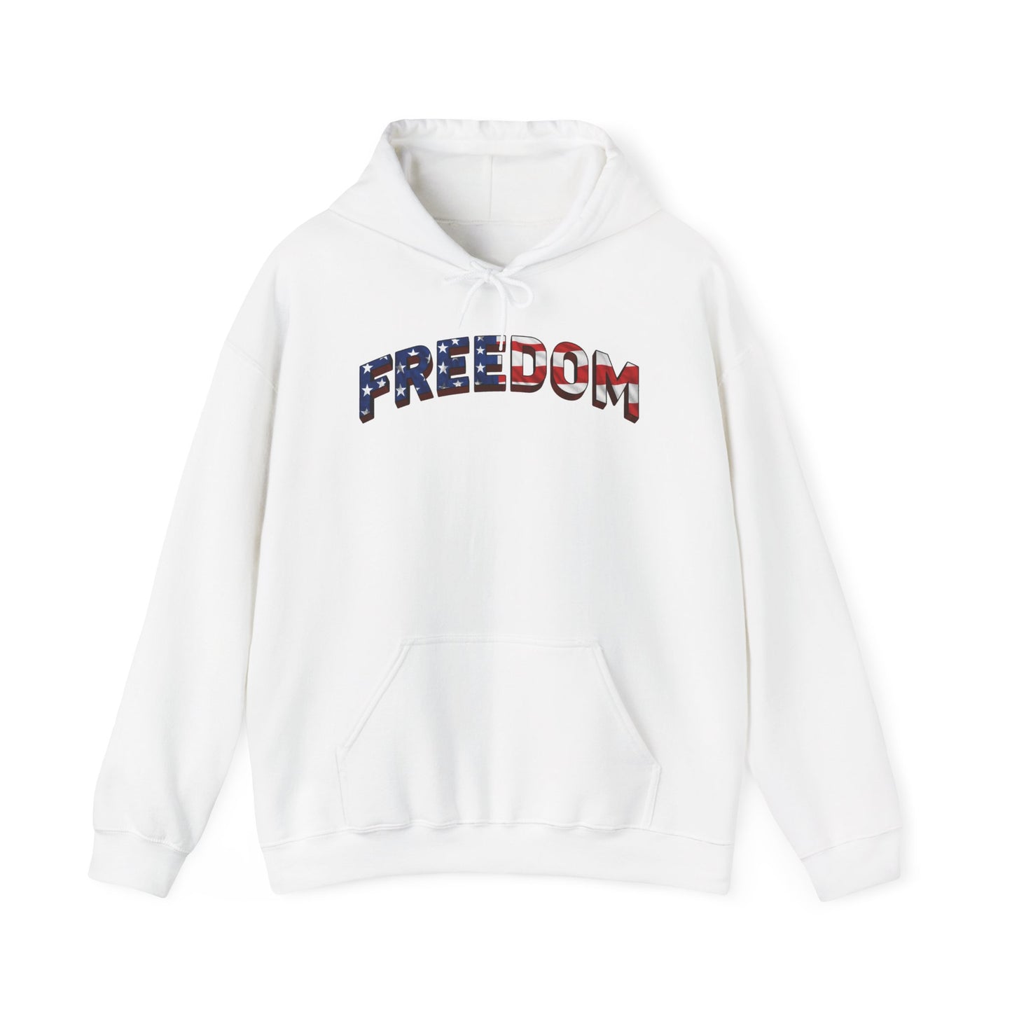 A white pullover hoodie with the word 'FREEDOM' printed across the chest in an American flag pattern, featuring red, white, and blue stripes and stars.