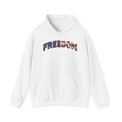 A white pullover hoodie with the word 'FREEDOM' printed across the chest in an American flag pattern, featuring red, white, and blue stripes and stars.
