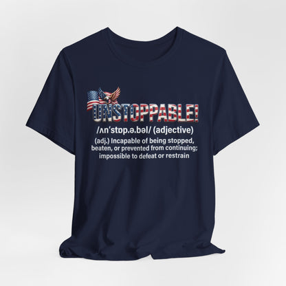 Navy blue t-shirt with an UNSTOPPABLE! design against a white background.