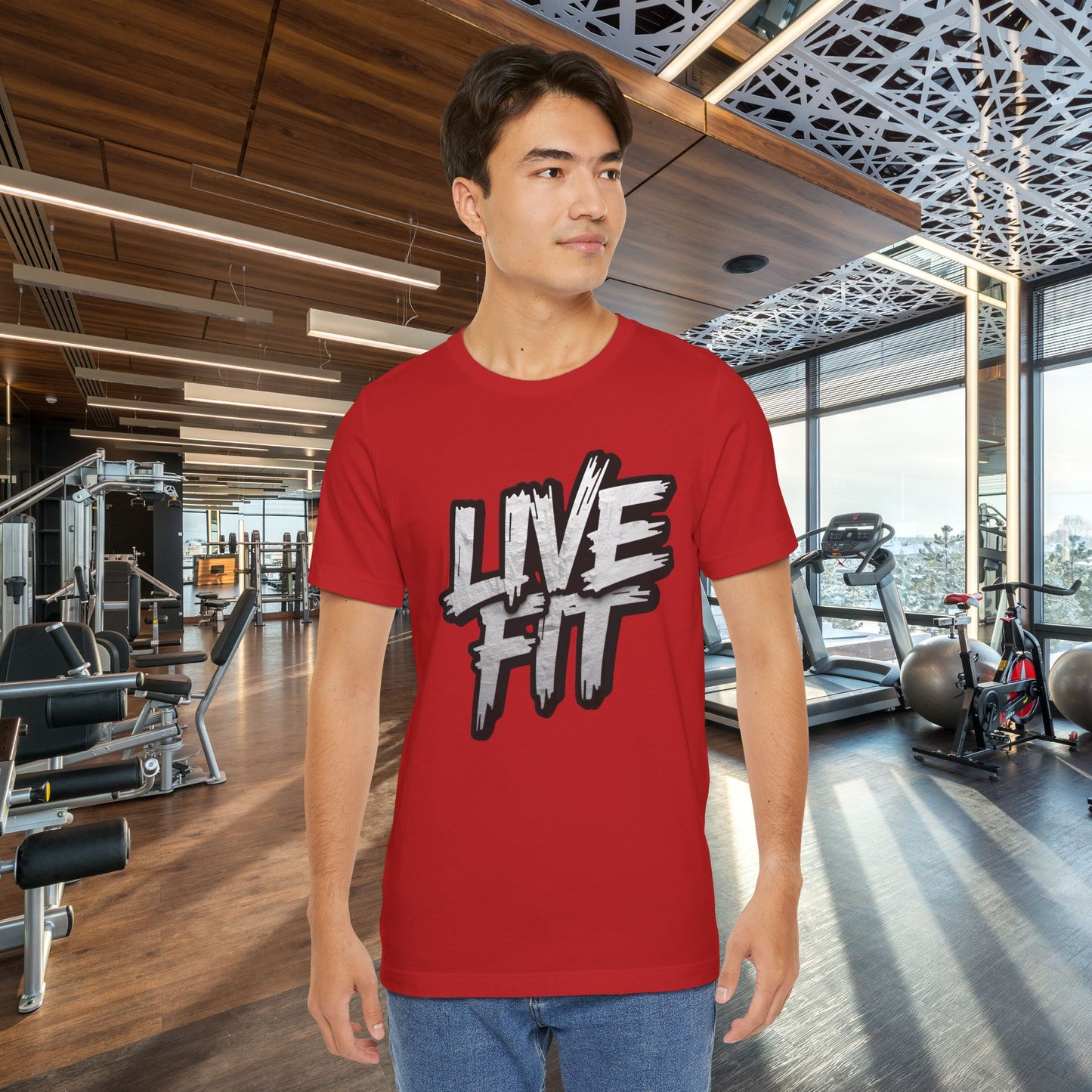 LIVE FIT Unisex Jersey Tee - Fitness Shirt - XS - 4XL -  Workout Apparel -  Motivational T-Shirt - Casual Wear - Gift for Fitness Enthusiasts