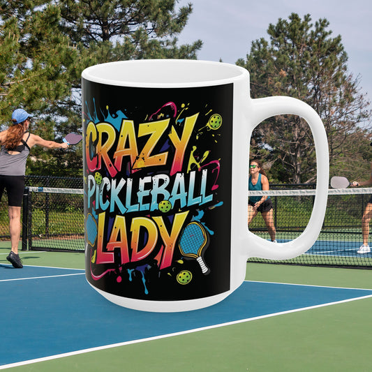 Colorful Crazy Pickleball Lady Mug, 11oz & 15oz, Fun Sports Gift for Pickleball Enthusiasts, Unique Ceramic Coffee Cup, Perfect for Birthdays