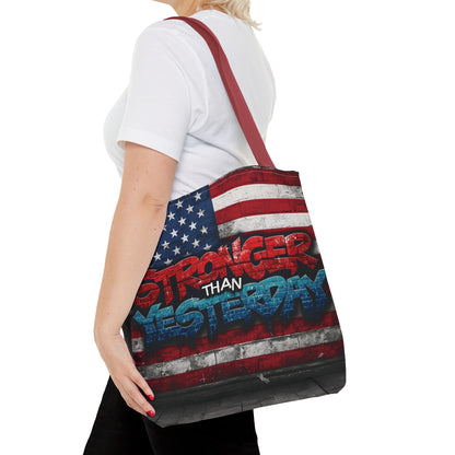 Patriotic Red White Blue Tote Bag - Stronger Than Yesterday - American Flag - Perfect for Fourth of July - Gym - Beach - Shopping - Gifts