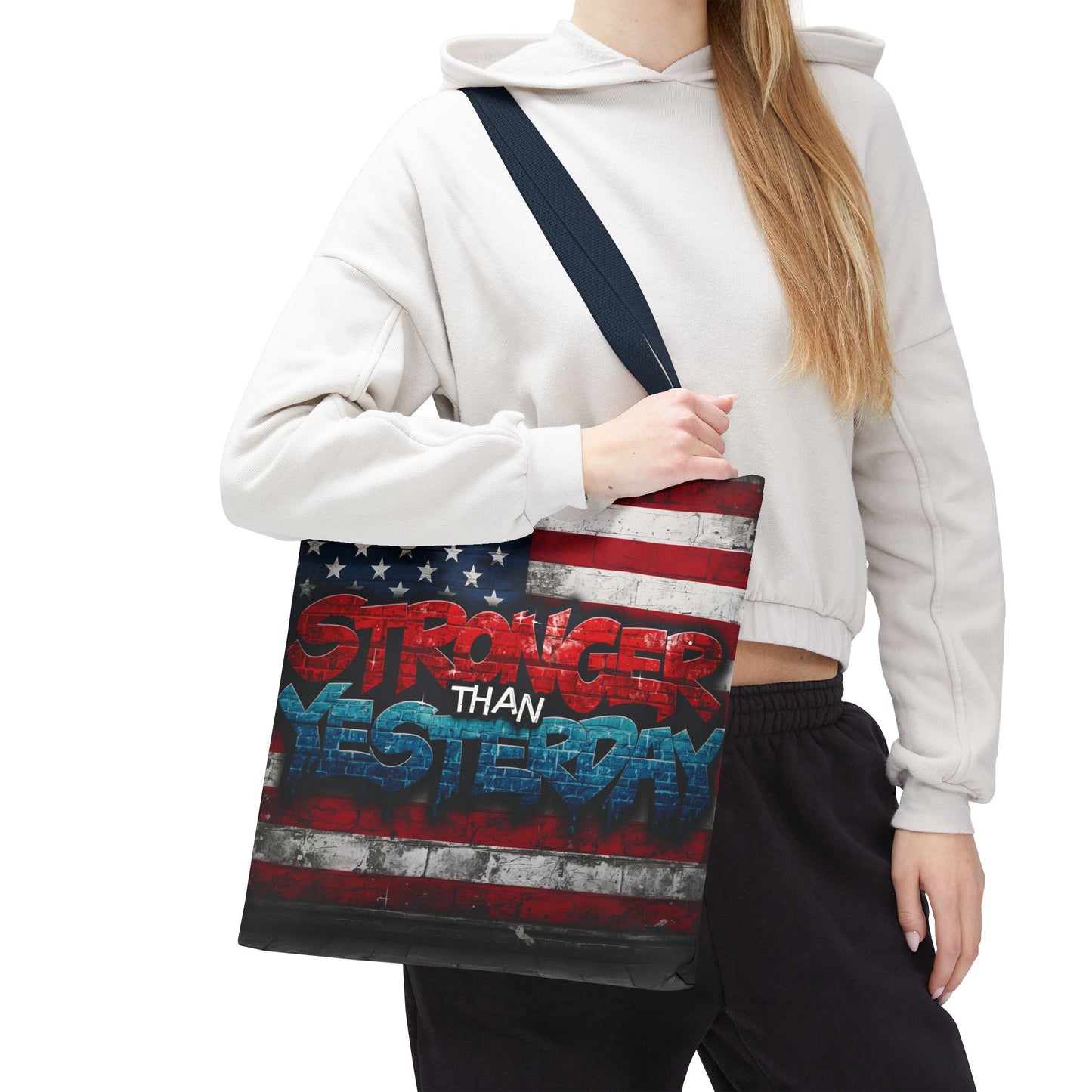 Patriotic Red White Blue Tote Bag - Stronger Than Yesterday - Perfect for Fourth of July, Gym, Beach, Shopping, Gifts