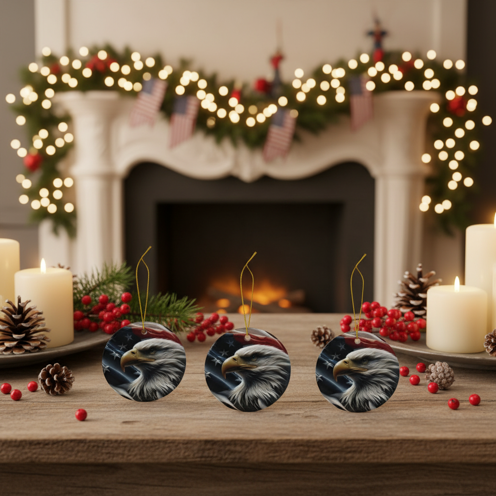 Patriotic Eagle Ornaments - American Flag Backdrop - 2 Sided Same Pic -