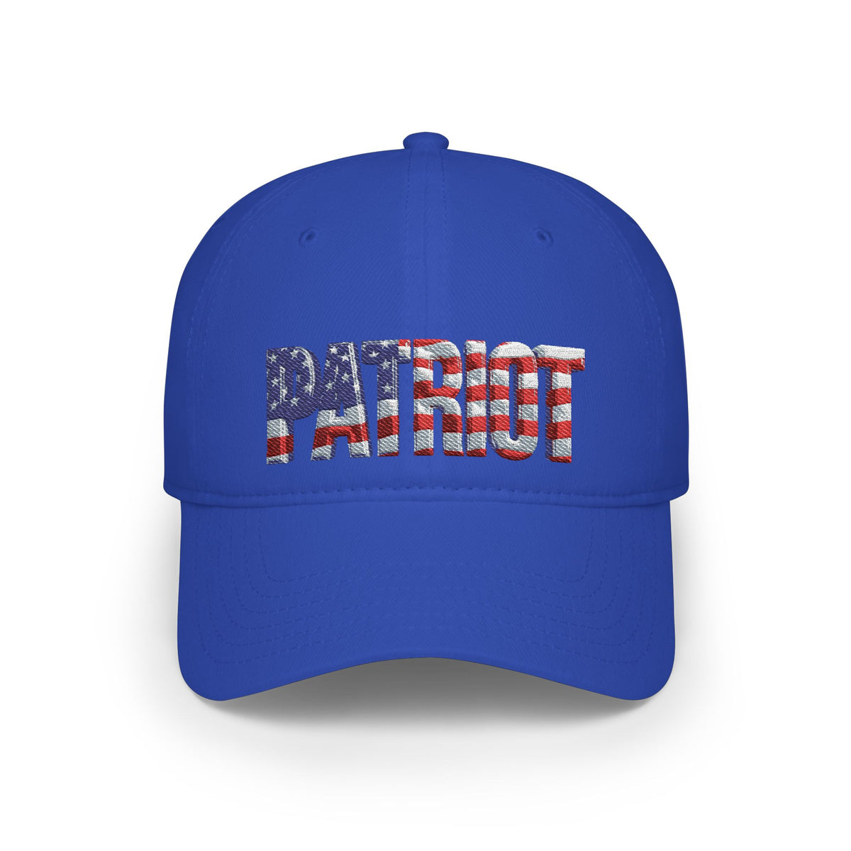 A royal blue baseball cap featuring the word 'PATRIOT' embroidered across the front in an American flag pattern with red and white stripes and white stars on a blue field, shown against a plain white background.