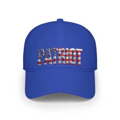 A royal blue baseball cap featuring the word 'PATRIOT' embroidered across the front in an American flag pattern with red and white stripes and white stars on a blue field, shown against a plain white background.