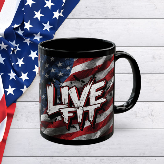 Stylish Black Ceramic Mug - LIVE FIT Design - American Flag Backdrop - Red White Blue