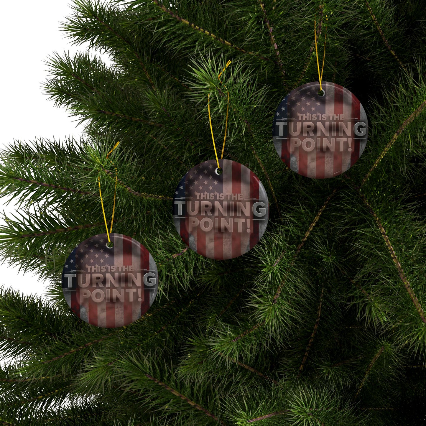 Patriotic Ceramic Ornaments - Charlie Kirk Inspired - This Is The Turning Point! - American Flag Backdrop