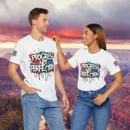 💥 Vibrant   💥   Eye-catching   💥   Motivational    💥 All  Over Print   💥 Unisex T-shirt  💥   Progress  Not  Perfection   💥  Art-Inspired   💥  Apparel  💥  Sizes  XS  x  4XL 💥