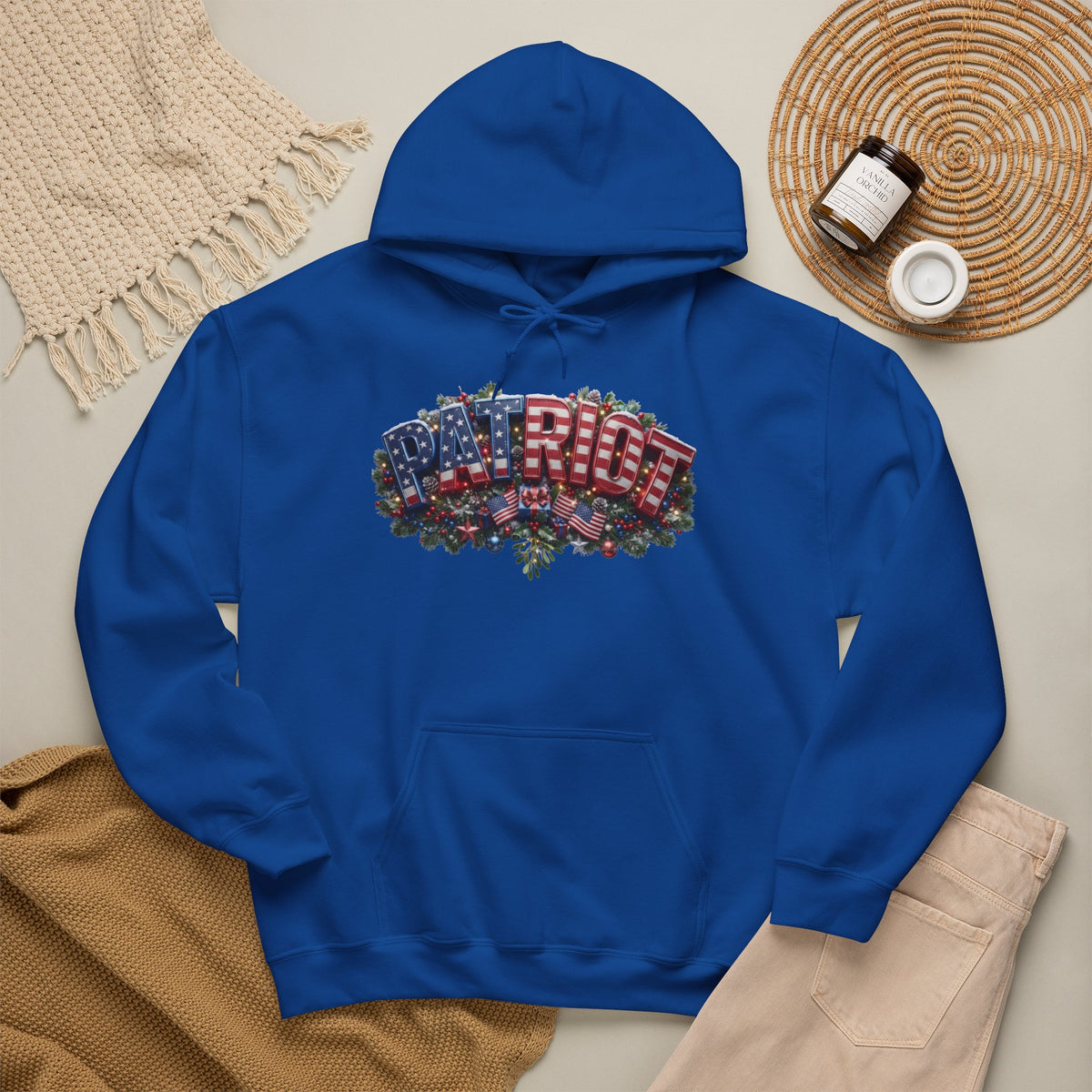 Patriot Christmas Hoodie - Arched PATRIOT Flag & Wreath Americana Graphic | Unisex S-5XL