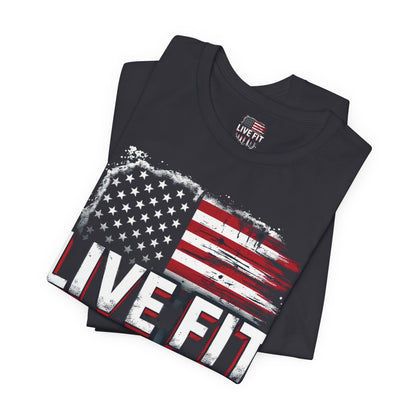 LIVE FIT American Flag T-Shirt - Patriotic Fitness Tee - Distressed USA Flag Design
