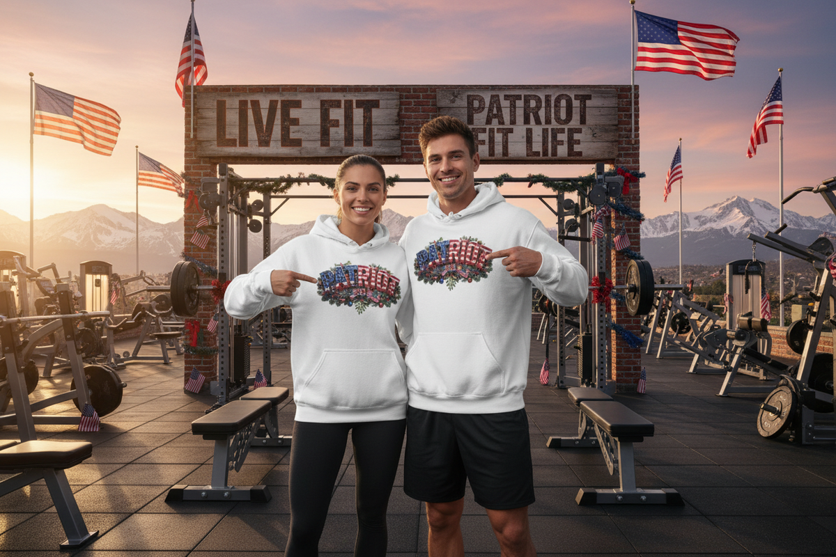A man and a woman standing in a gym in front of a patriotic-themed arch with a Christmas vibe, wearing matching white hoodies with a PATRIOT red, white, and blue American flag graphic pattern across the chest.