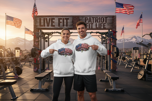 A man and a woman standing in a gym in front of a patriotic-themed arch with a Christmas vibe, wearing matching white hoodies with a PATRIOT red, white, and blue American flag graphic pattern across the chest.