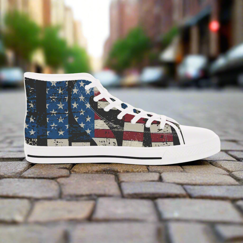 💥USA 💥 Red White & Blue 💥Unisex 💥 High Top Sneakers 💥 Patriotic Vibe 💥 Full Wrap Around Print 💥