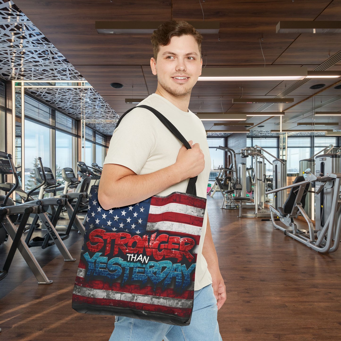 Patriotic Red White Blue Tote Bag - Stronger Than Yesterday - American Flag - Perfect for Fourth of July - Gym - Beach - Shopping - Gifts