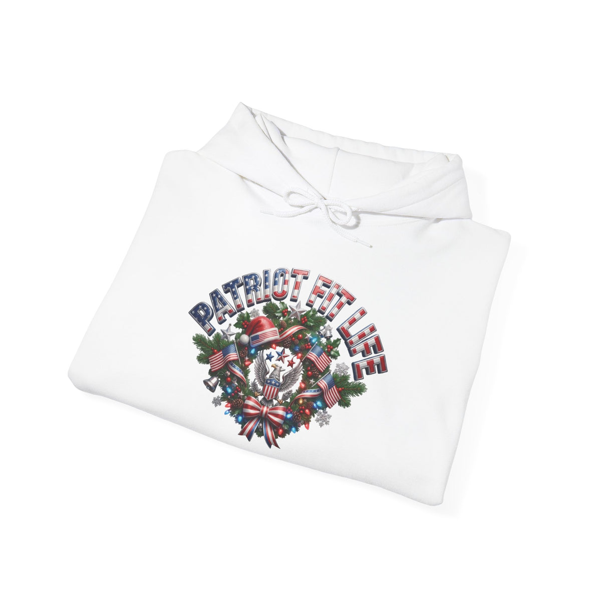 Patriot Fit Life Christmas Gym Hoodie - Eagle Barbell Wreath Americana Graphic | Unisex S-5XL