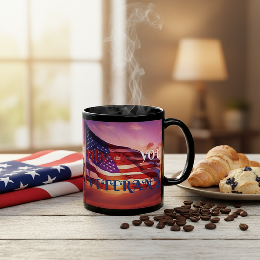Thank You Veterans! - Black Ceramic Coffee Mug — American Flag  - Red White & Blue - Sunset Design  - (11oz & 15oz)